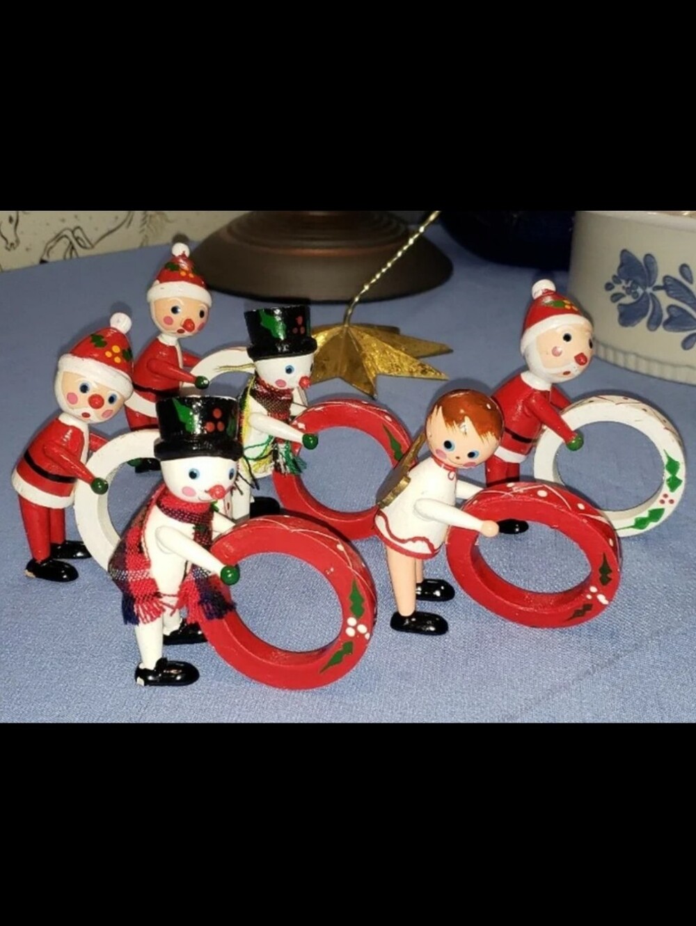 Vintage VERA Wooden Napkin RingsSantas, Snowmen & AngelSet Of Six (6)